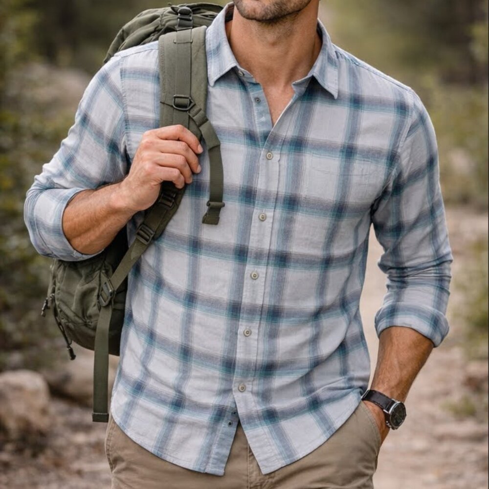 Prana Plaid Button Down Shirt Mens M Blue Gray Long Sleeve